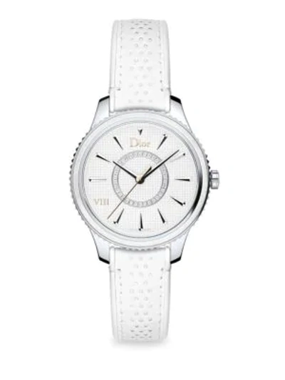 Shop Dior Viii Montaigne Stainless Steel Leather Strap Watch In White