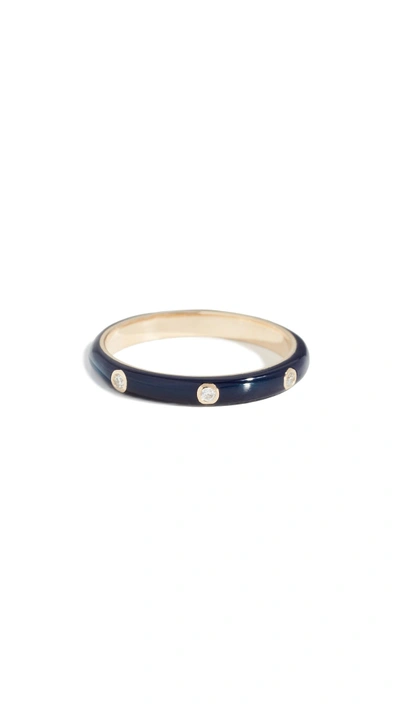 Shop Ef Collection 14k Three Diamond Enamel Stack Ring In Navy/gold