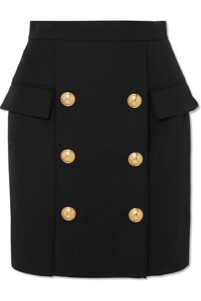 Shop Balmain Button-embellished Wool Mini Skirt In Black