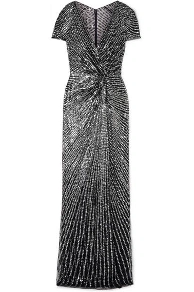 Shop Jenny Packham Avani Knotted Sequined Tulle Gown In Midnight Blue