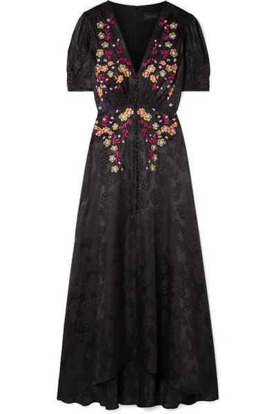 Shop Saloni Lea Embroidered Silk-satin Jacquard Maxi Dress In Black