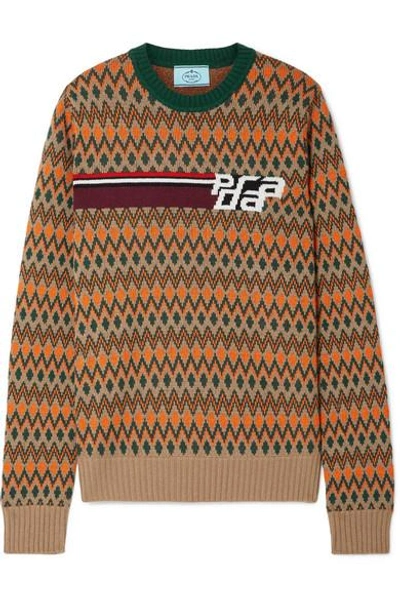 Shop Prada Intarsia Wool And Cashmere-blend Sweater