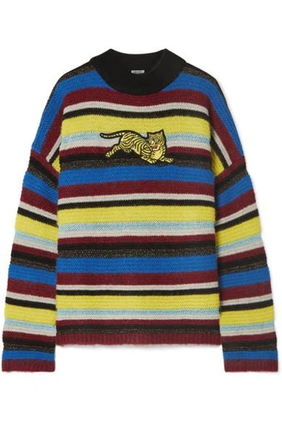 Shop Kenzo Jumping Tiger Appliquéd Striped Wool-blend Sweater In Burgundy