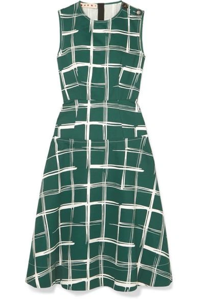 Shop Marni Printed Cotton And Flax-blend Midi Dress In Green