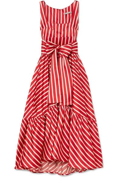 Shop Silvia Tcherassi Samantha Tiered Striped Silk-blend Satin Midi Dress In Red