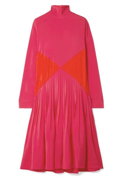 Shop Cedric Charlier Color-block Pleated Crepe Midi Turtleneck Dress In Pink