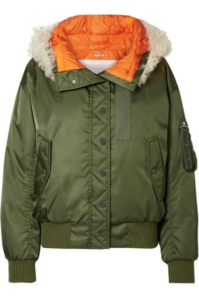 Shop Miu Miu Shearling-trimmed Shell Down Bomber Jacket In Green