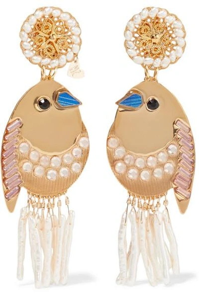 Shop Mercedes Salazar Bird Gold-tone, Faux Pearl And Crystal Clip Earrings