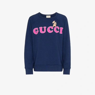 Shop Gucci Blue Baby Print Logo Long Sleeve Cotton Sweatshirt