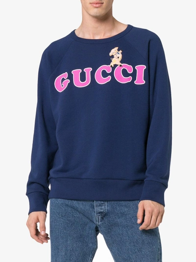 Shop Gucci Blue Baby Print Logo Long Sleeve Cotton Sweatshirt