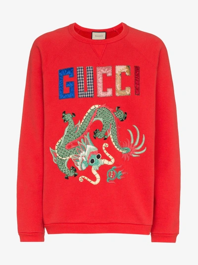 Shop Gucci Dragon Patchwork Cotton Sweatshirt In Red