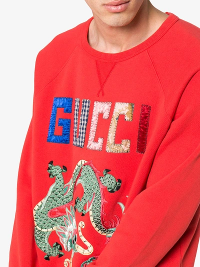 Shop Gucci Dragon Patchwork Cotton Sweatshirt In Red