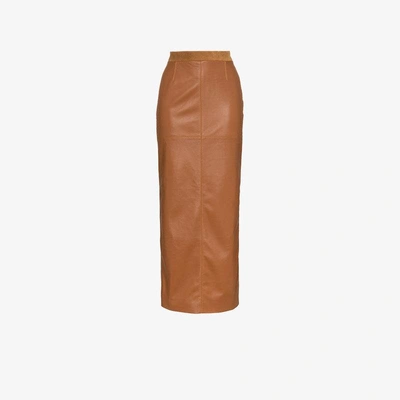 Shop Situationist High Waist Leather Straight Midi Skirt In Brown