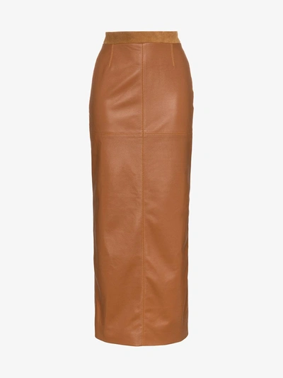 Shop Situationist High Waist Leather Straight Midi Skirt In Brown