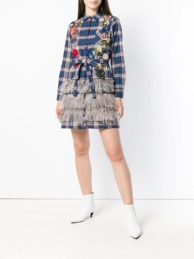 embroidered tiered checked shirt dress