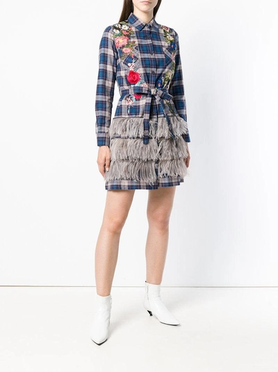 embroidered tiered checked shirt dress