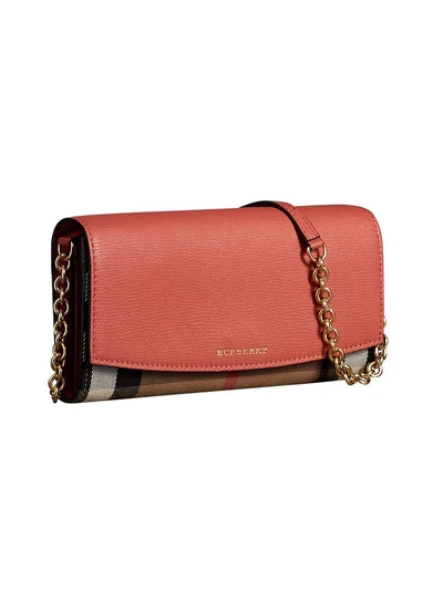 Shop Burberry House Check And Leather Wallet With Chain - Red