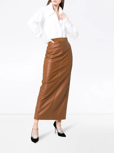 Shop Situationist High Waist Leather Straight Midi Skirt - Brown