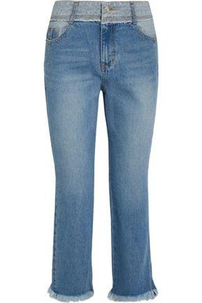 Shop Steve J & Yoni P Woman Frayed Faded Mid-rise Slim-leg Jeans Light Denim