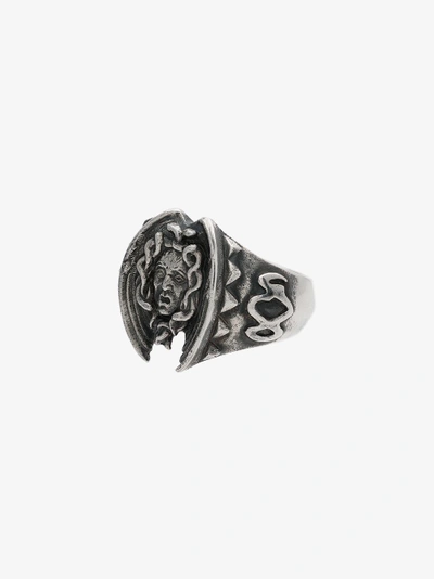 Shop Yohji Yamamoto Silver Medusa Engraved Ring In Metallic