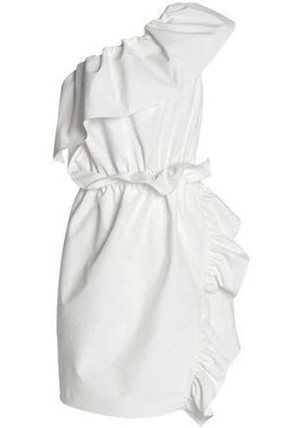 Shop Goen J One-shoulder Ruffle-trimmed Woven Mini Dress In White