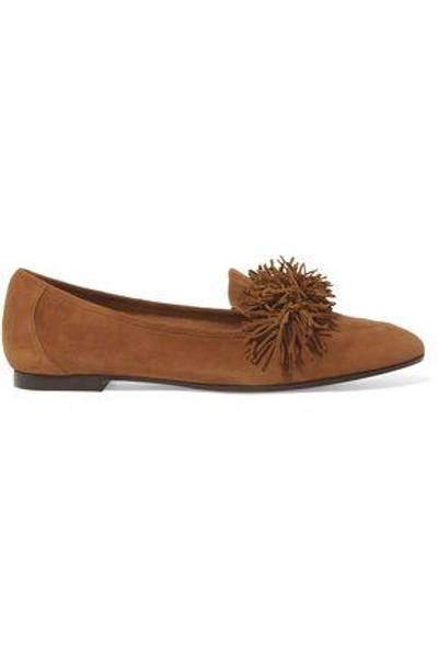 Shop Aquazzura Wild Thing Fringed Suede Slippers In Camel