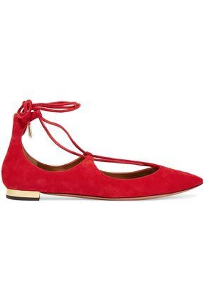 Shop Aquazzura Christy Lace-up Suede Point-toe Flats In Red