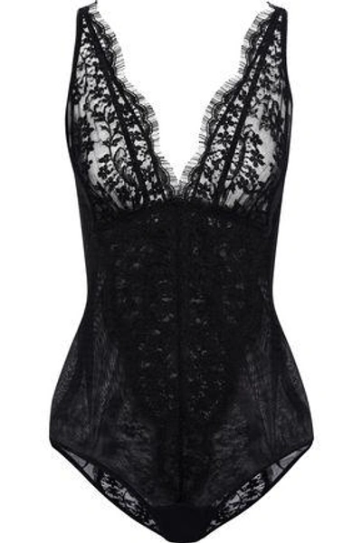 Shop Id Sarrieri Woman Paneled Cotton-blend Tulle And Corded Lace Bodysuit Black