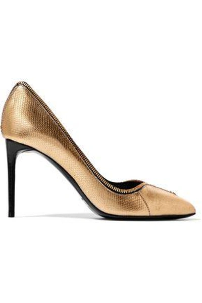 Shop Tom Ford Woman Zip-embellished Metallic Karung Pumps Gold