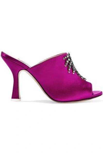 Shop Attico Woman Pamela Crystal-embellished Satin Mules Magenta