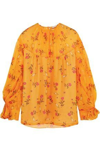 Shop Adam Lippes Woman Lauren Floral-print Silk-chiffon Blouse Orange