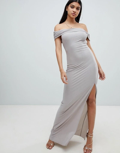 Shop Ax Paris Bardot Maxi Dress With Side Split-grey