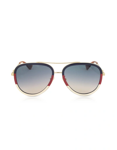 Shop Gucci Gg0062s Aviator Gold Metal Sunglasses In Gold/gradient Blue