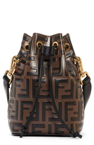 Shop Fendi Mini Mon Tresor Logo Leather Bucket Bag - Brown In Maya/ Nero/ Oro Soft