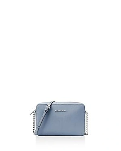 Shop Michael Michael Kors Jet Set Large Saffiano Leather Crossbody In Pale Blue/silver