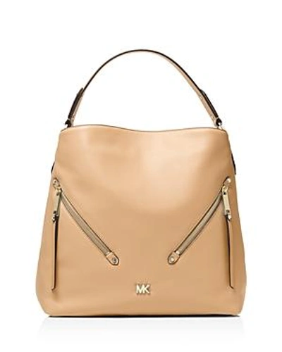 Shop Michael Michael Kors Evie Large Leather Hobo In Butternut Brown/gold