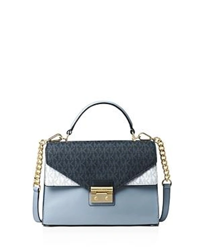 Shop Michael Michael Kors Medium Double Flap Leather Satchel In Pale Blue/admiral/optic White/gold