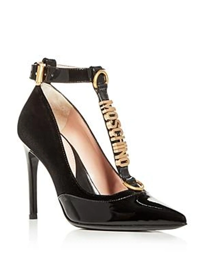 Shop Moschino Women's Velvet & Patent Leather T-strap Pumps In Black