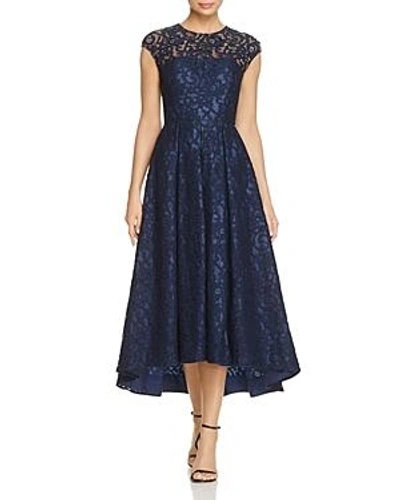 Shop Carmen Marc Valvo Infusion Embellished Lace High Low Dress In Navy