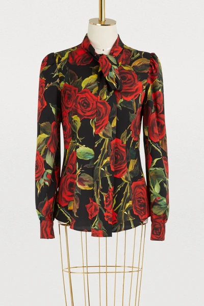 Shop Dolce & Gabbana Red Roses Printed Silk Shirt In Black/red