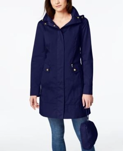 Shop Cole Haan Petite Packable Hooded Water-resistant Raincoat In Indigo