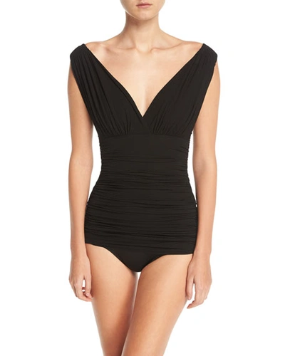 Shop Norma Kamali Tara Mio V-neck Solid One-piece Swimsuit In Black