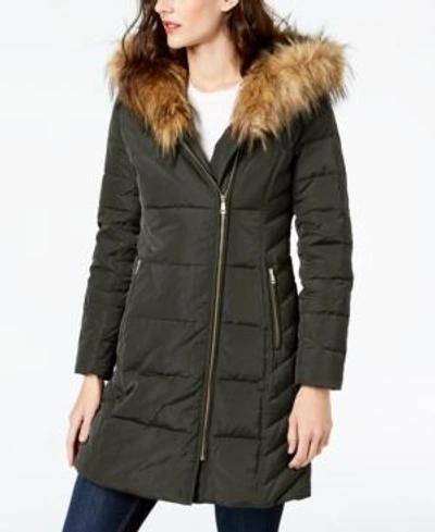 Shop Cole Haan Faux-fur-trim Hooded Asymmetrical Down Puffer Coat In Forest