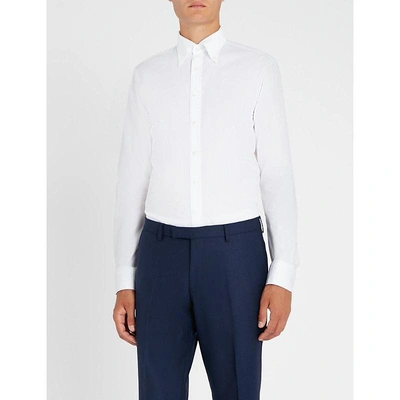 Shop Oscar Jacobson Harry Stitched Pattern Slim-fit Cotton And Linen-blend Shirt In White