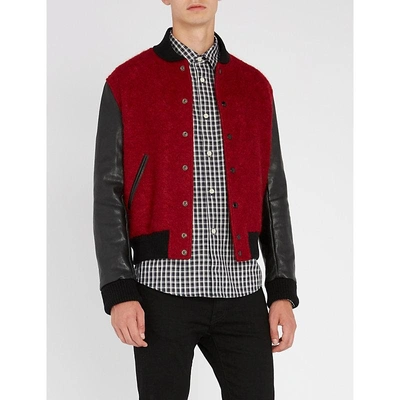 Shop Saint Laurent Two-tone Wool And Mohair-blend And Leather Jacket In Red