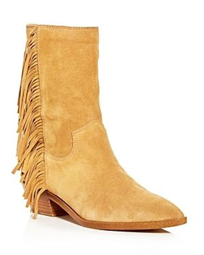 Shop Rebecca Minkoff Women's Krissa Suede Fringe Low-heel Boots In Beige