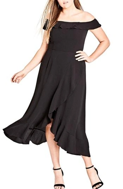Shop City Chic Off The Shoulder Ruffle High/low Dress In Black