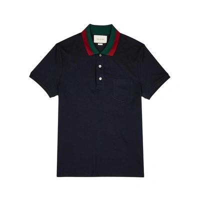 Shop Gucci Navy Stretch-cotton Polo Shirt