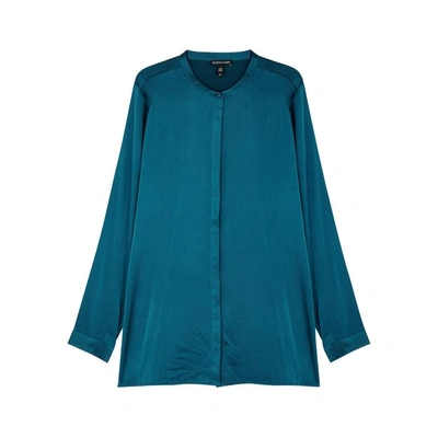 Shop Eileen Fisher Teal Silk Charmeuse Shirt In Blue