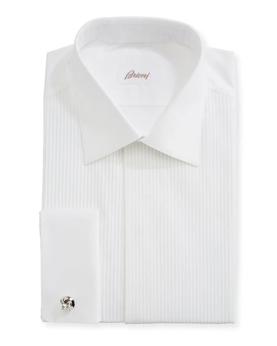 Shop Brioni Pleated Poplin French-cuff Dress Shirt In White